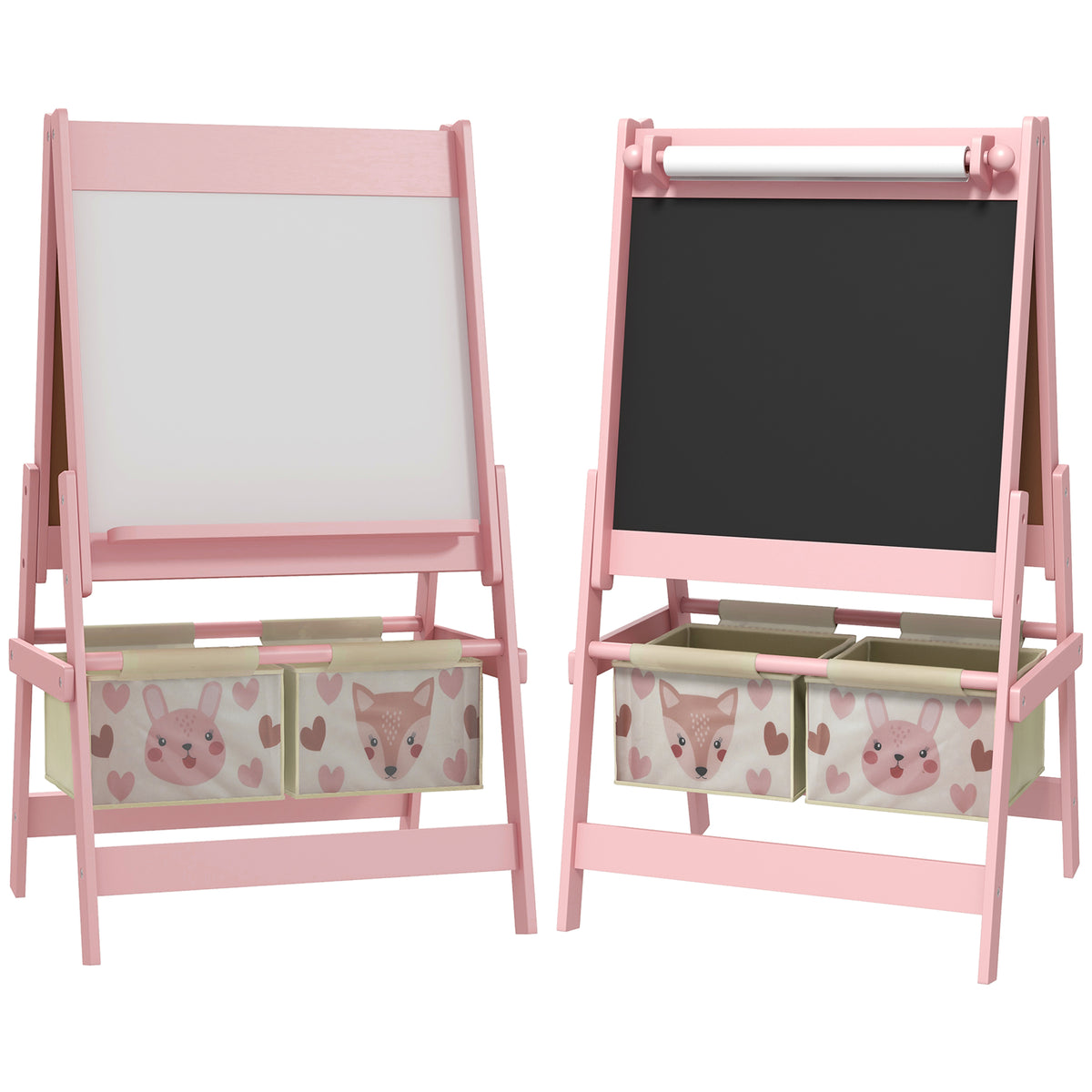 Kids' double-sided easel chalkboard with paper roll, 2 baskets, 54 x 46.5 x 93 cm, pink