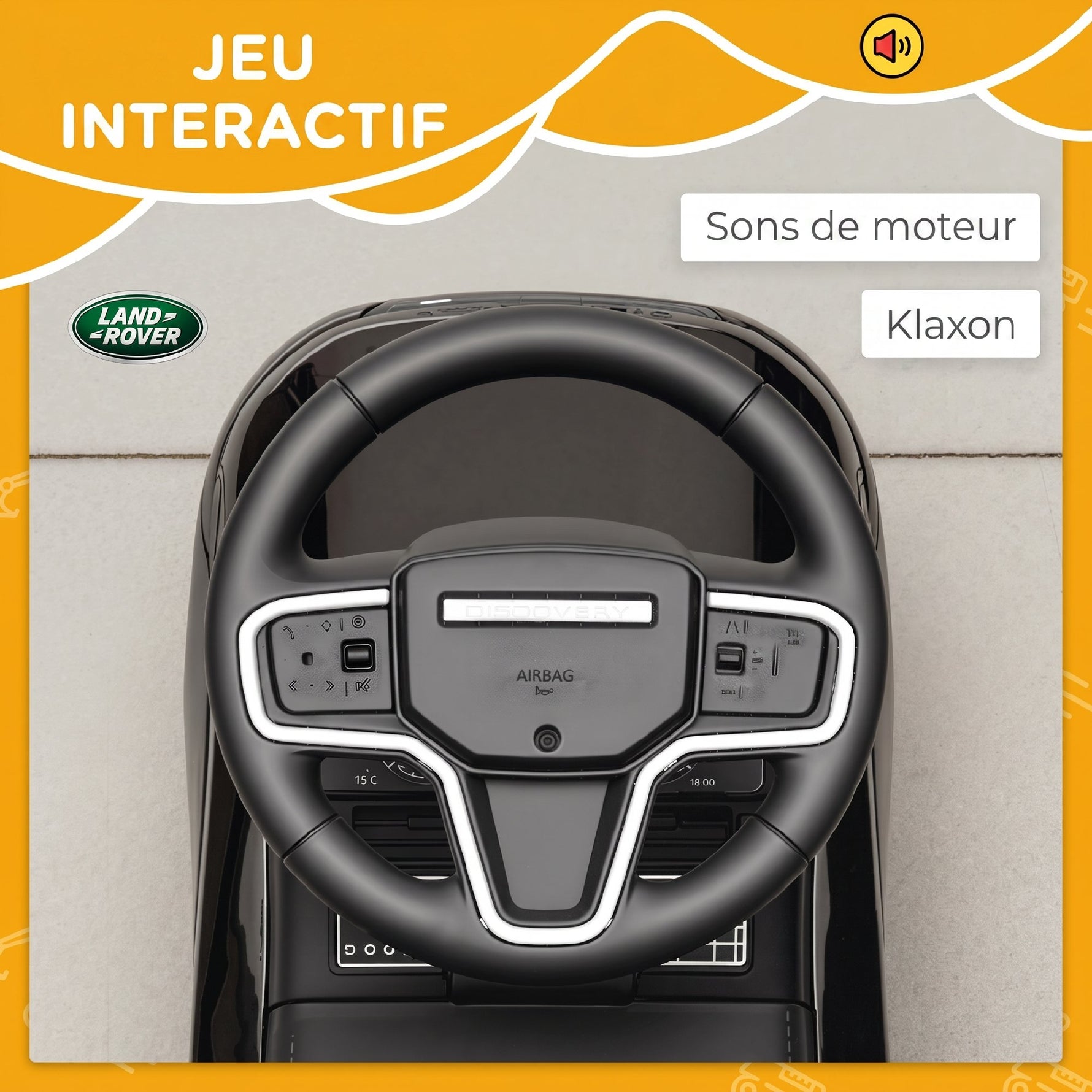 Porteur enfants voiture sous licence Land Rover, véhicule à pousser, klaxon, sons de moteur, rangement sous siège, noir