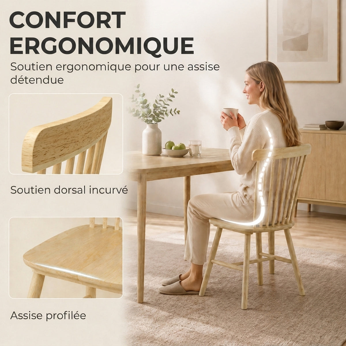 Lot de 2 Chaises de Salle à Manger, Chaises Cuisine en Bois d'Hévéa, Dossier Incurvé, Bords Arrondis, Bois Naturel