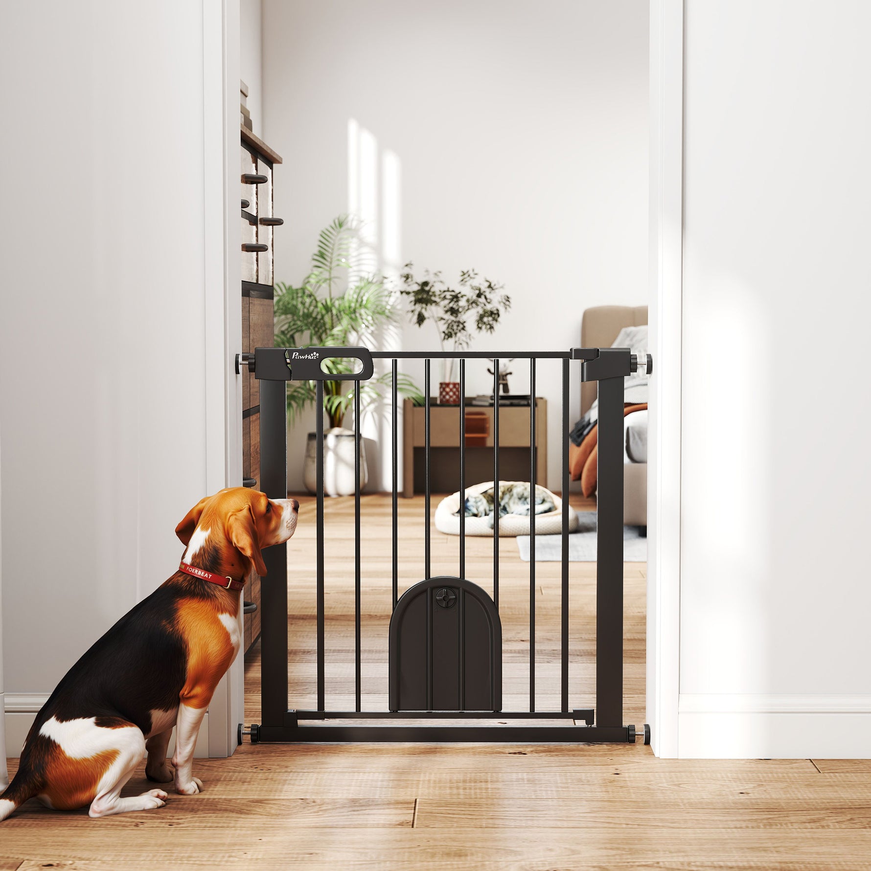 Barrière de sécurité animaux avec porte fermeture automatique système de double verrouillage, acier noir