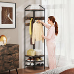 Meuble d'entrée d'angle, vestiaire à 4 niveaux, rangement pour chaussures, 8 patères mobiles, 2 étagères, brun rustique