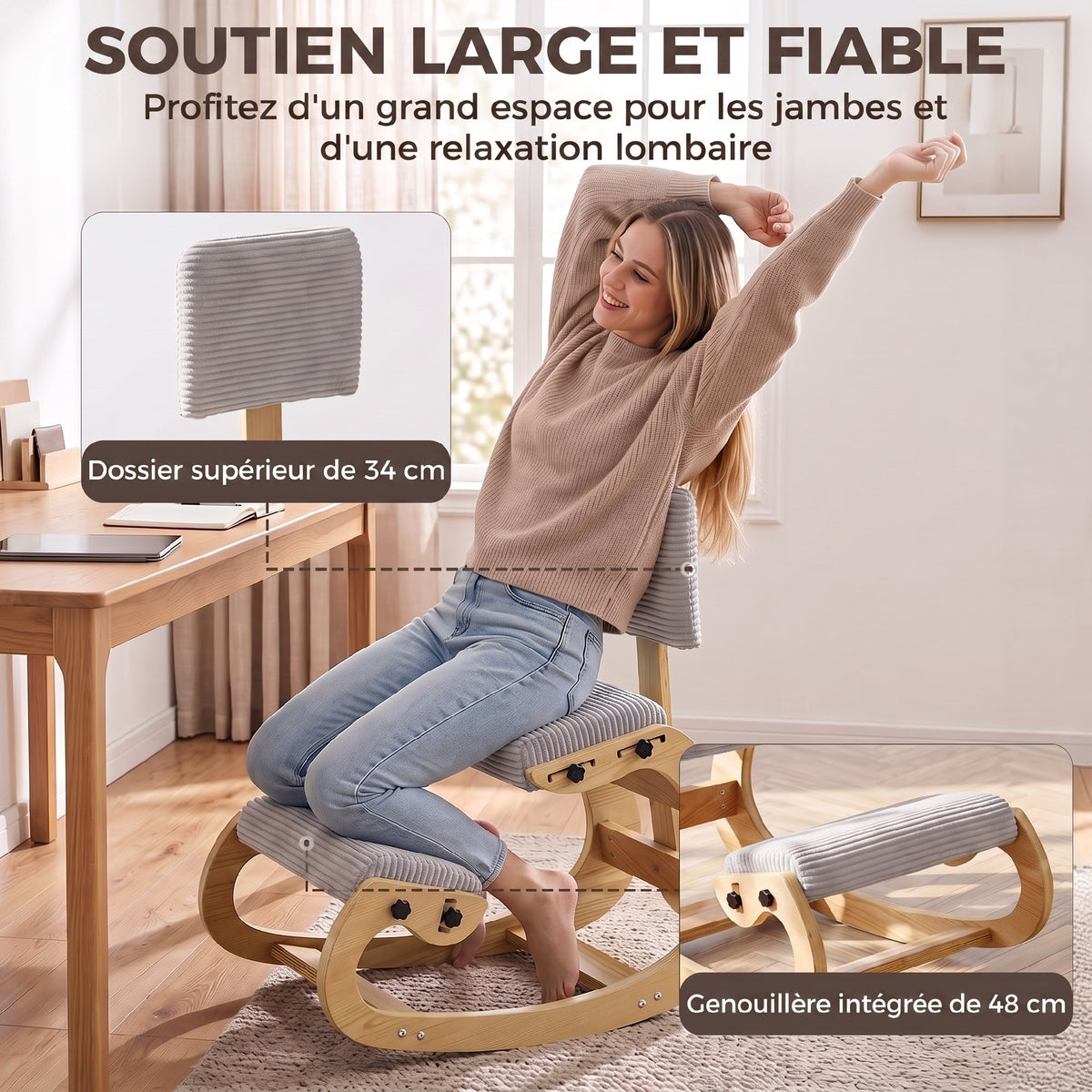 Ergonomic Kneeling Chair with Backrest, Corduroy Padded Rocking Kneeling Stool, Light Grey