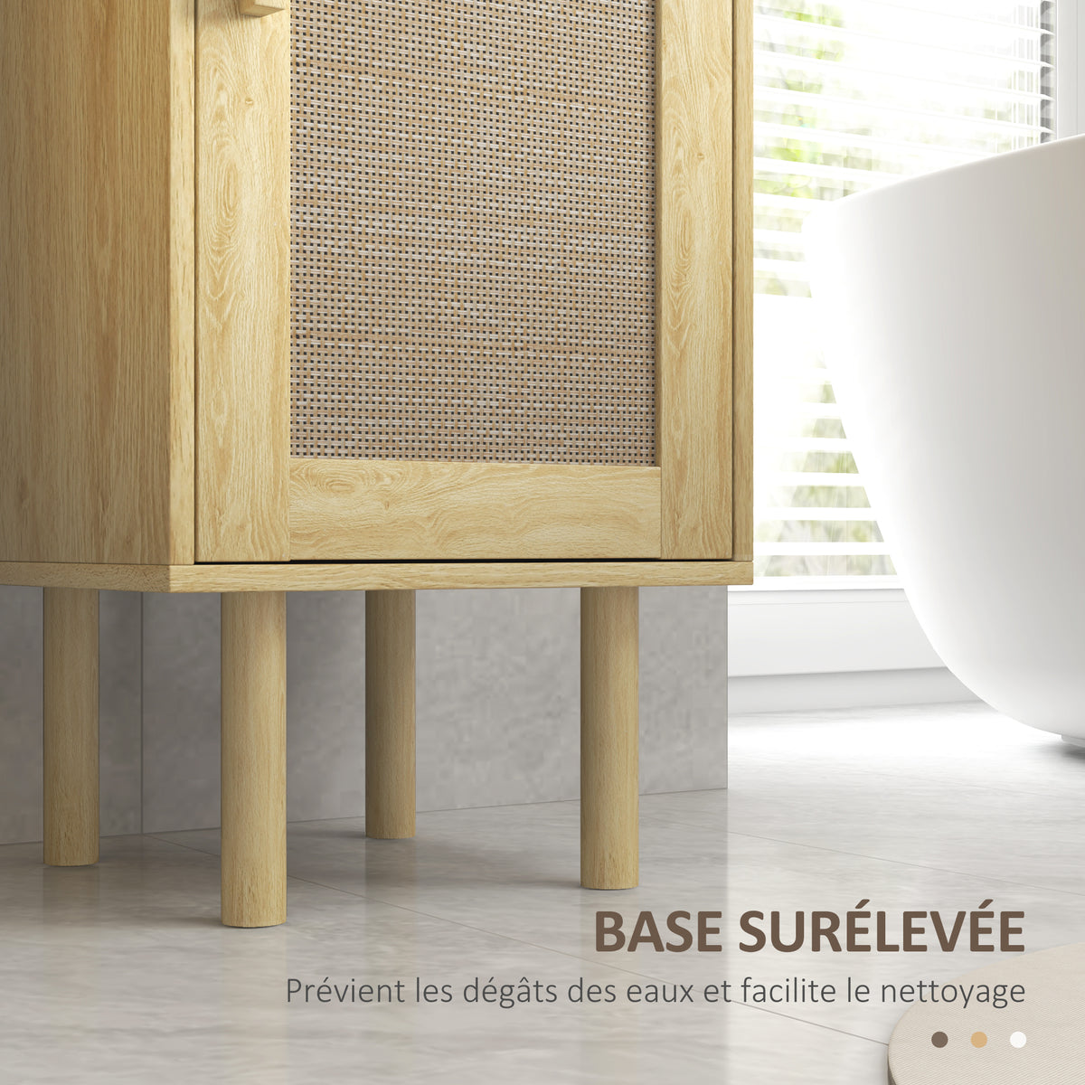Meuble salle de bain colonne rangement salle de bain avec portes en rotin tiroir 2 placards 32 x 30 x 170 cm chêne