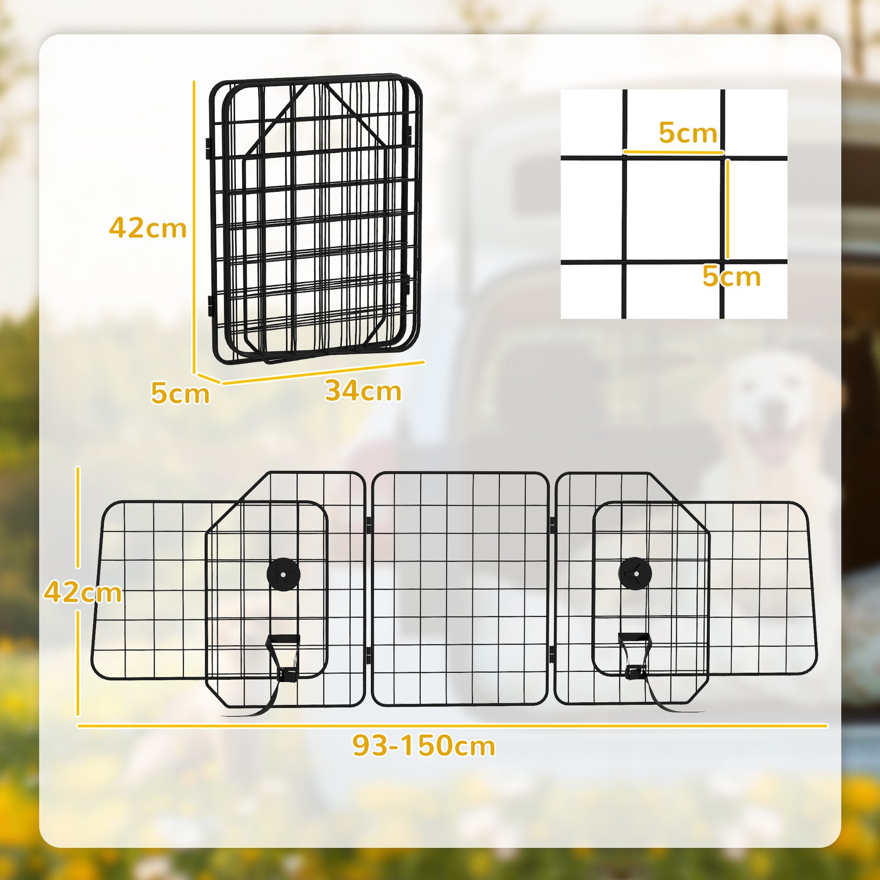 Grille de séparation voiture pour chien pliable largeur ajustable 93 à 150 cm barrière pour chien universelle, noir