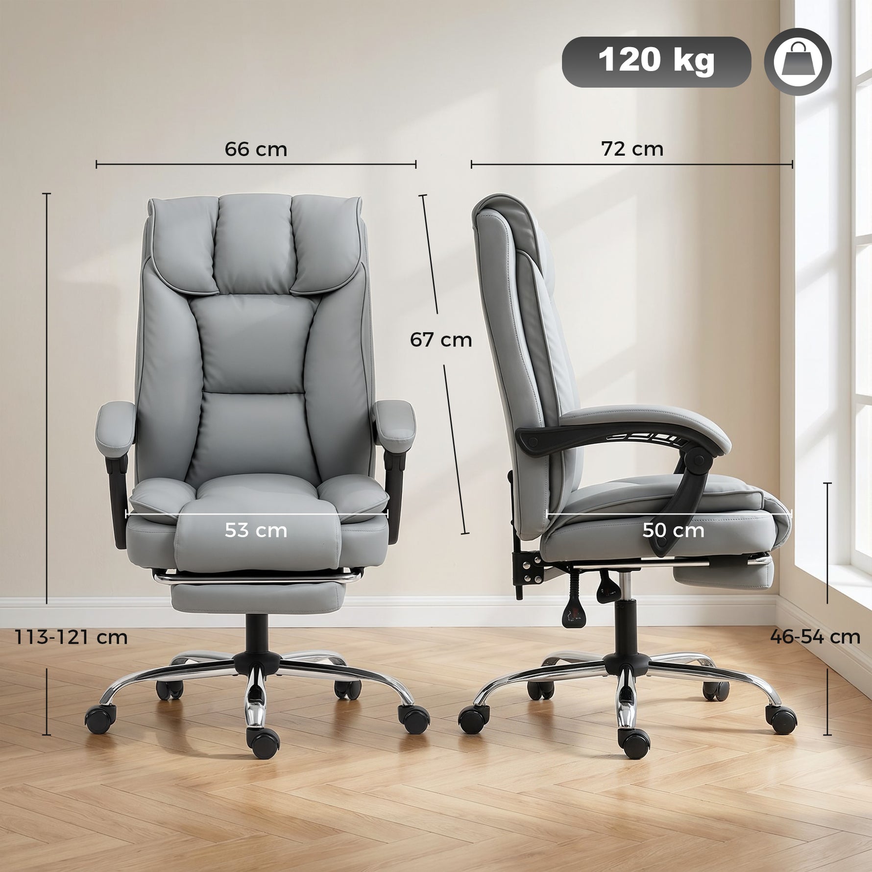 Chaise de bureau ergonomique, fauteuil de bureau inclinable avec repose-pieds, hauteur réglable, pivotante 360°, gris