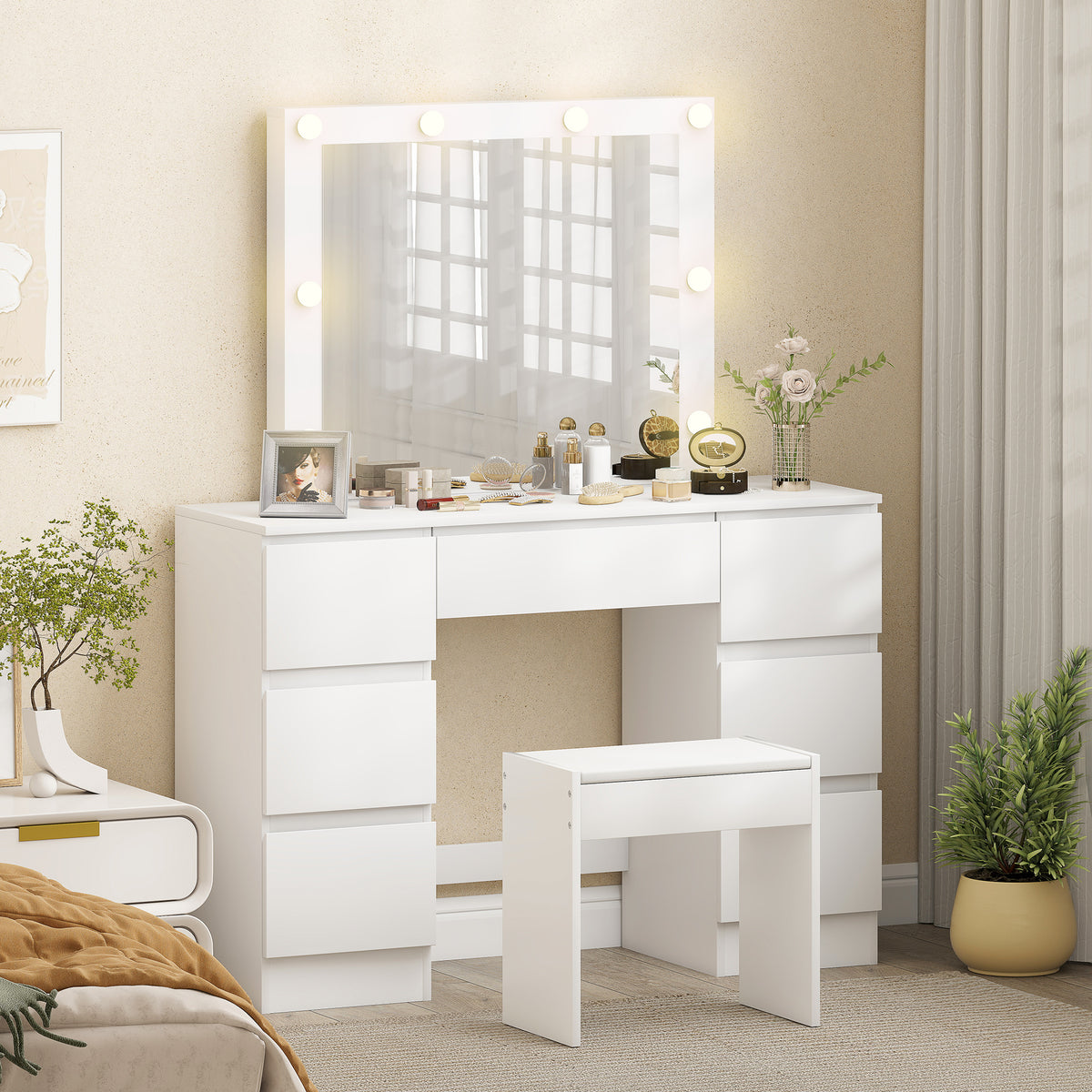 Dressing table with mirror and stool, makeup vanity with LED mirror, padded stool, 7 drawers, 110x39.5x140cm, white