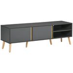 Mueble de TV escandinavo para televisores de hasta 55 pulgadas, 2 puertas, 2 nichos con pasacables, 150 x 35 x 45 cm, gris oscuro