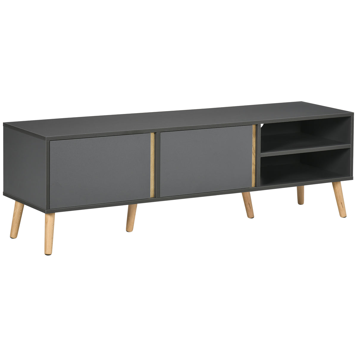 Mueble de TV escandinavo para televisores de hasta 55 pulgadas, 2 puertas, 2 nichos con pasacables, 150 x 35 x 45 cm, gris oscuro