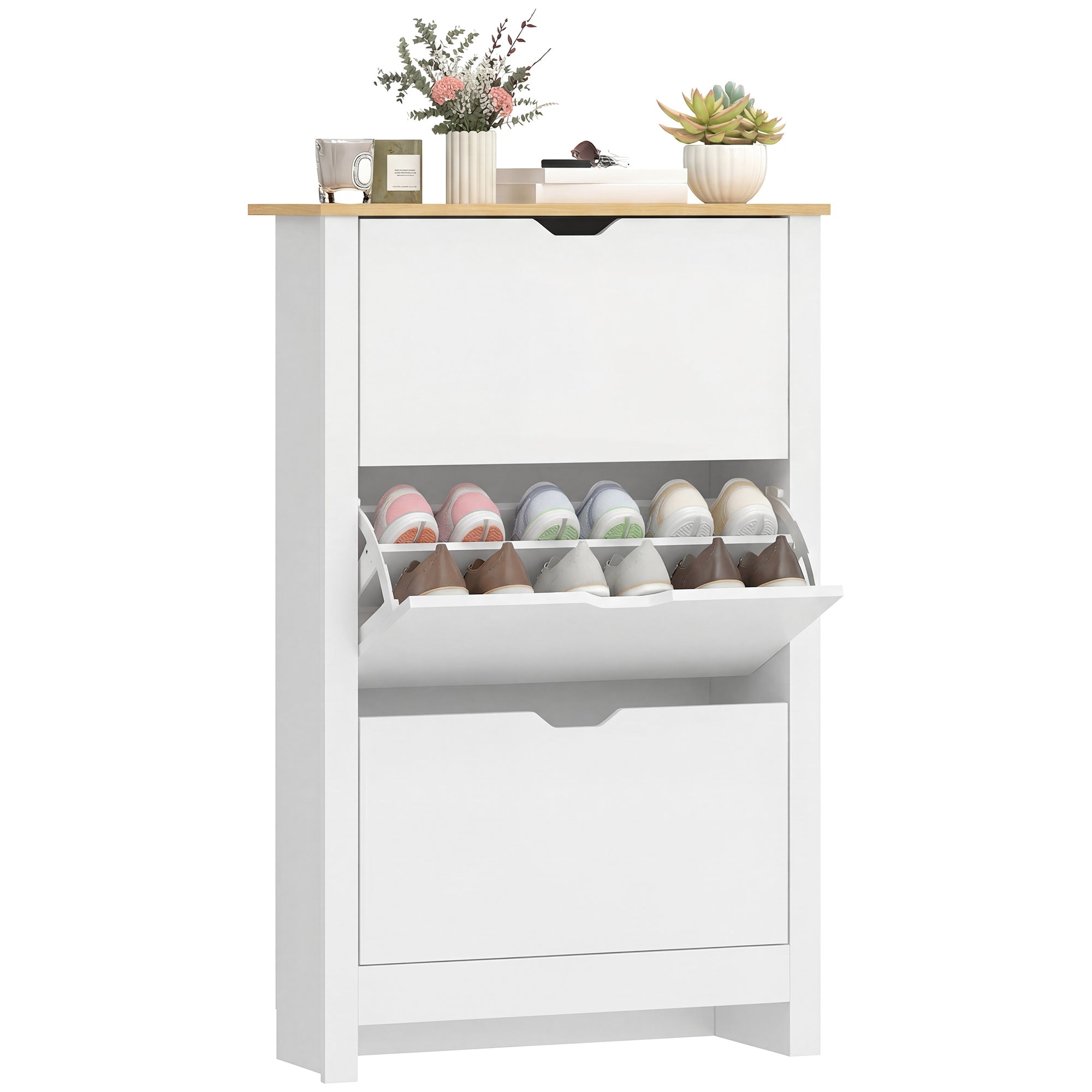 3-Door Shoe Cabinet with 2 Compartments, Particle Board, White Oak