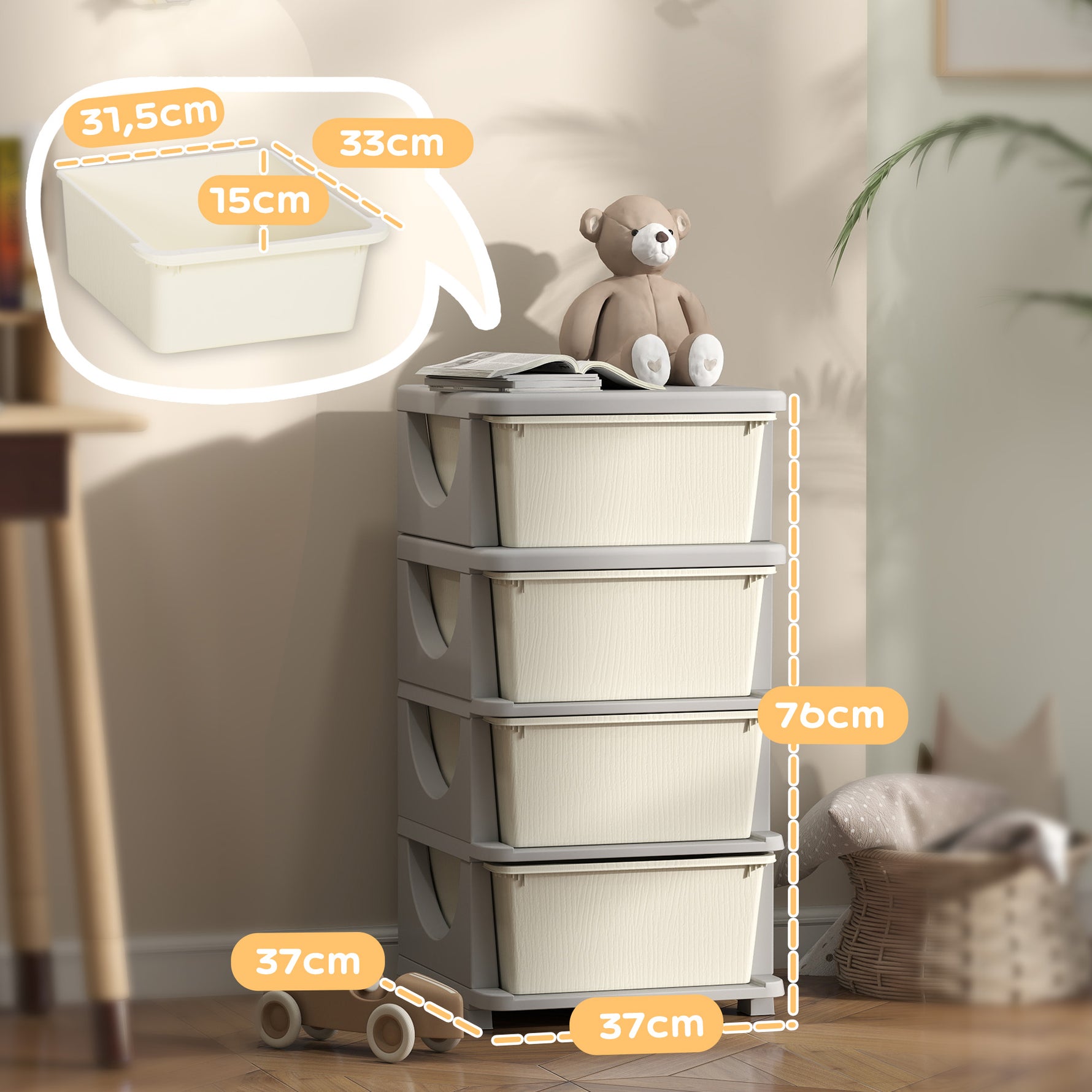 Organisateur de jouets pour enfants avec 4 tiroirs à 4 niveaux, boîtes de rangement en plastique, 37 x 37 x 76 cm, crème