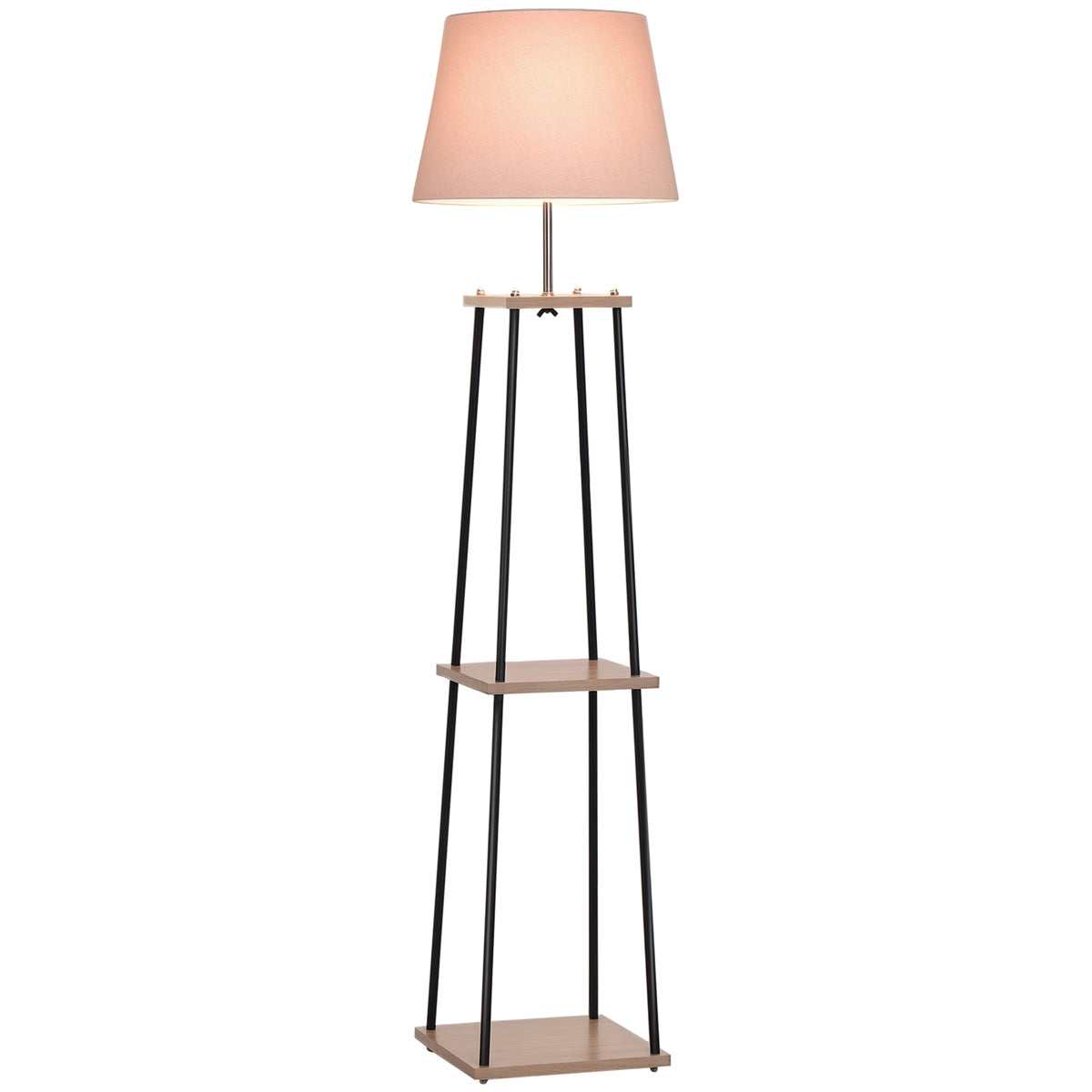 Lampadaire design contemporain dim. 40L x 40l x 160H cm 40 W max. 3 étagères intégrées bois massif pin métal noir lin beige