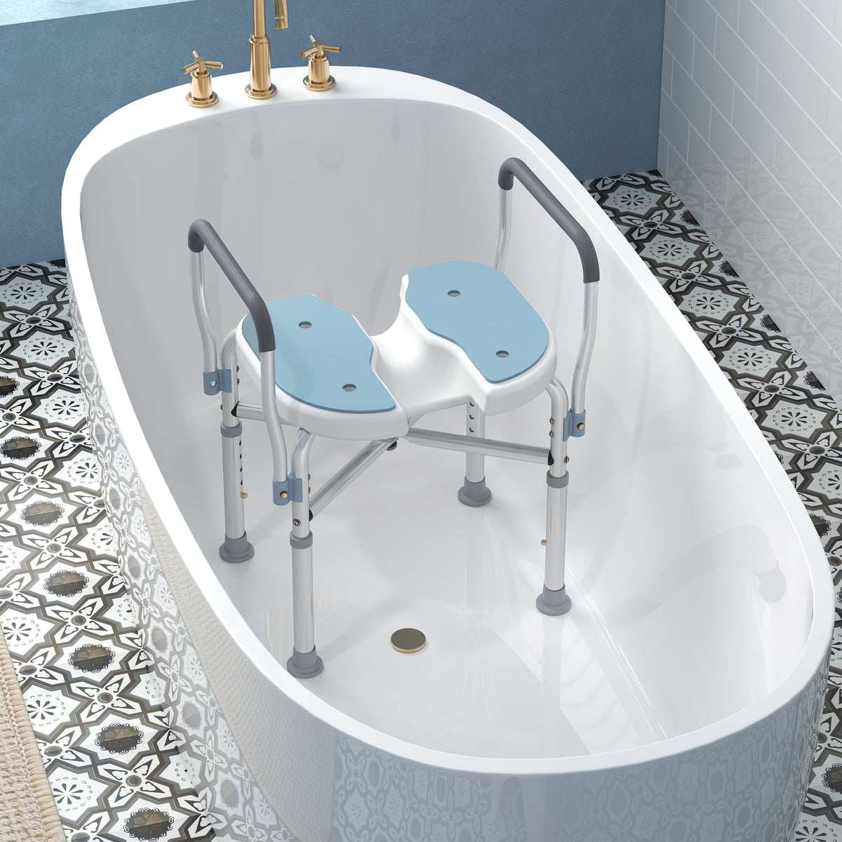 Chaise de douche avec accoudoirs siège de douche en forme U hauteur réglable anti-dérapant 53 x 36 x 64-75 cm bleu clair