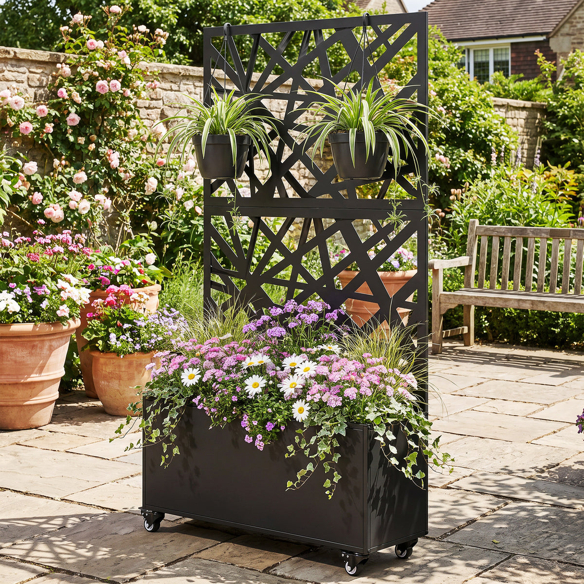 Fioriera con grigliato, vaschetta per fiori, con frangivento e rotelle bloccabili, metallo, 90 x 30 x 160 cm, nero