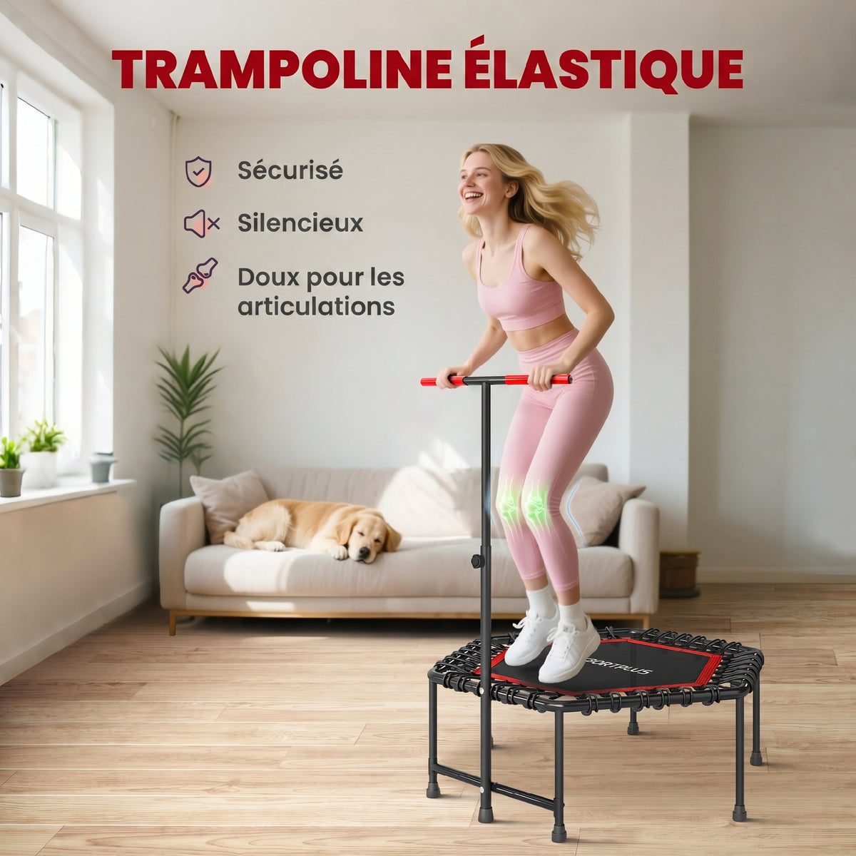 Trampoline de fitness 114 cm, cordes élastiques, poignée réglable 3 positions, trampoline d'exercice silencieux, rouge