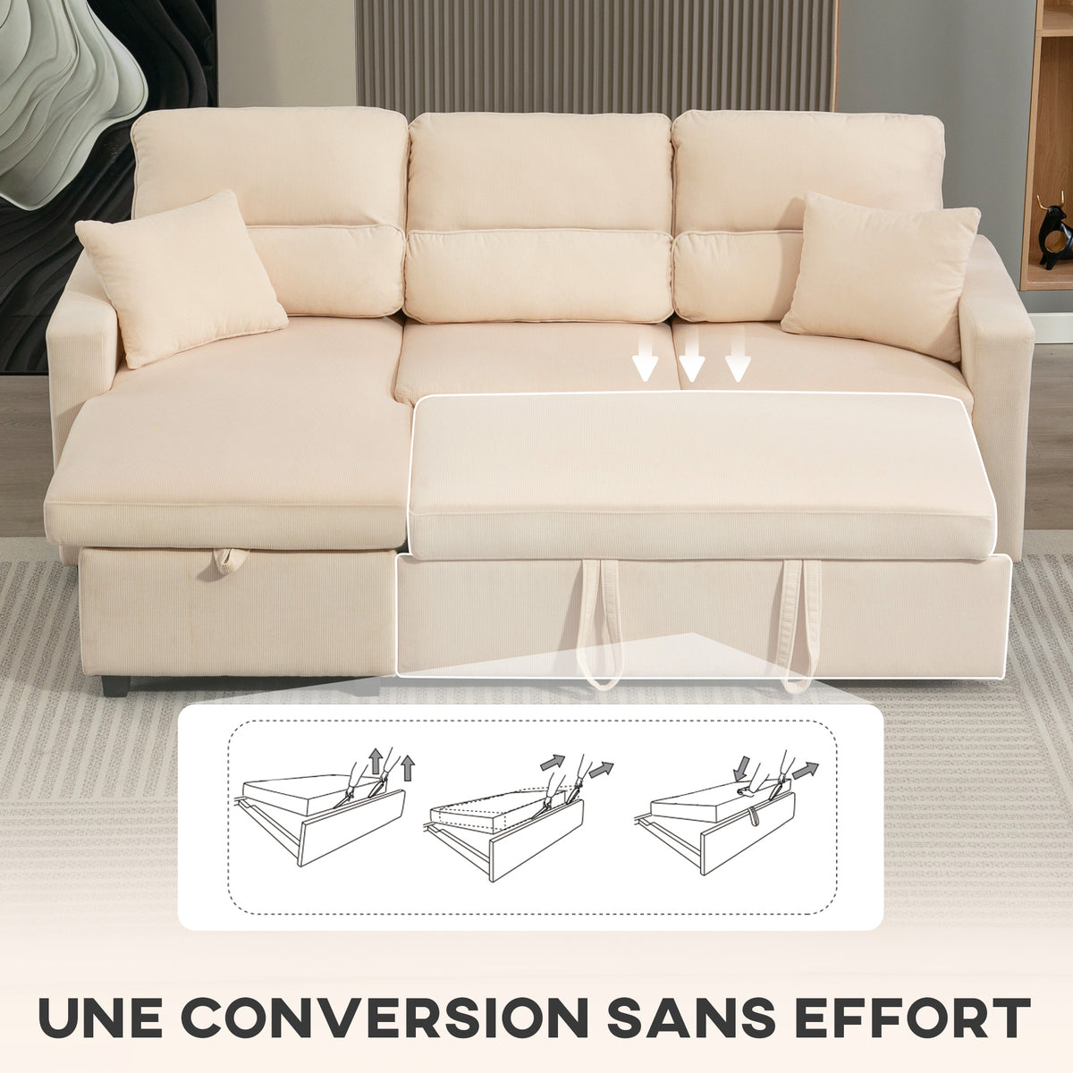 Canapé d'angle convertible en velours côtelé, canapé-lit 3 places avec rangement caché, coussins, 205x135x76cm, beige