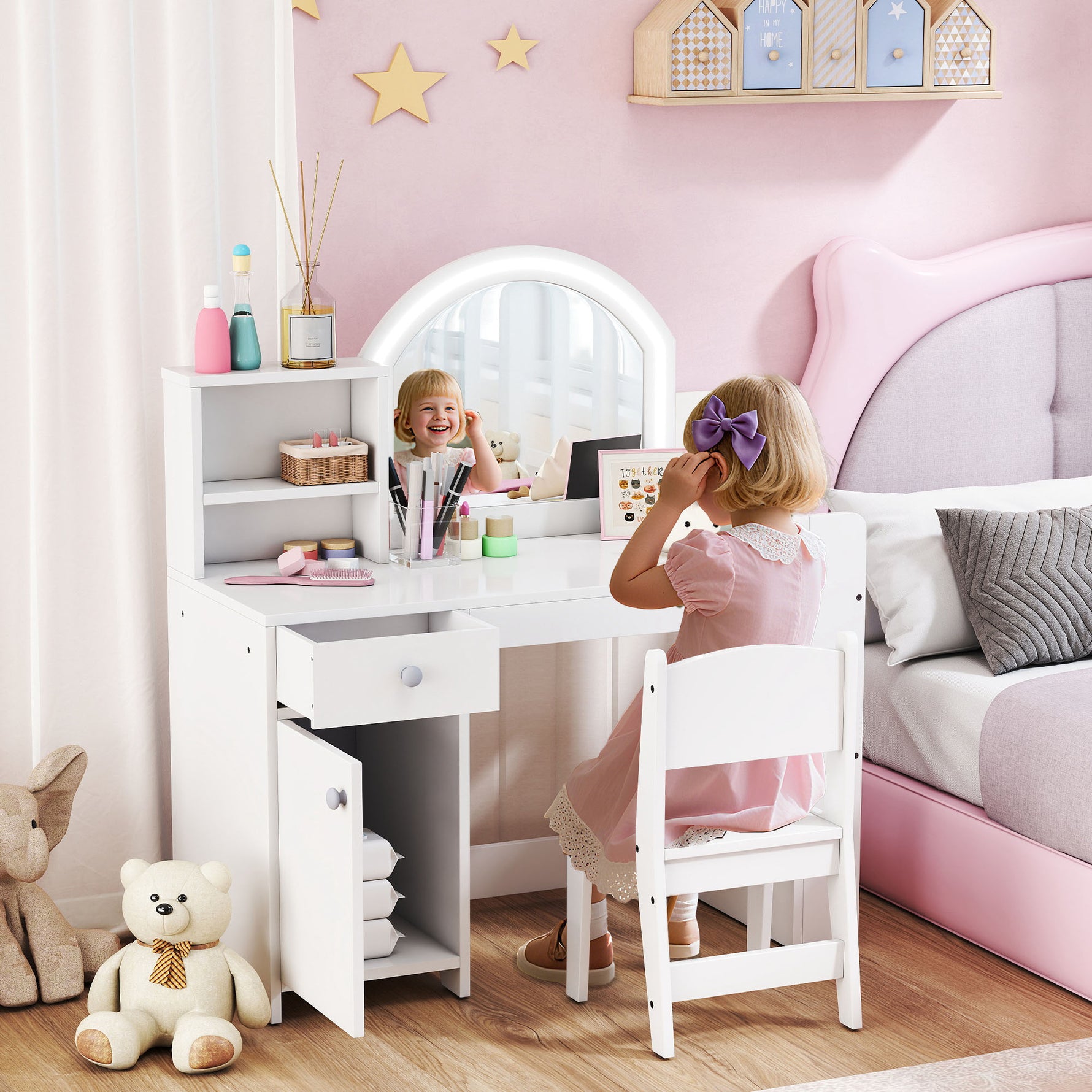 Coiffeuse pour enfants avec tabouret et miroir LED, table de maquillage pour 3 à 8 ans, 88,6 x 38,8 x 96,9 cm, blanc