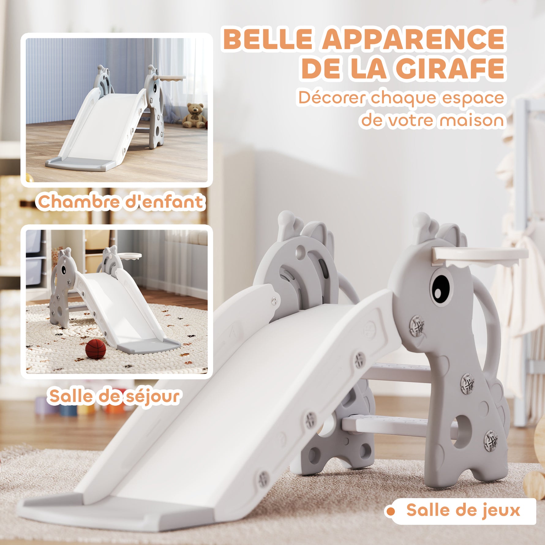 Toboggan pour enfants 3 en 1 en forme de girafe avec panier de basket, escalade et ballon, 106 x 51,5 x 52 cm, gris