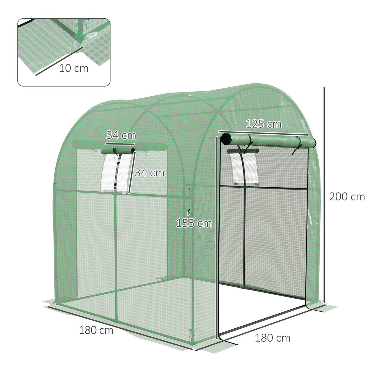 Serre de jardin serre tunnel de jardin 3,24m² PE Haute densité 135 g/m², avec 2 portes zippées 180 x 180 x 200 cm, vert