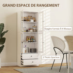 Buffet haut cuisine, armoire de cuisine avec portes vitrées, tiroirs et étagères réglables, 59x30x170cm, blanc brillant