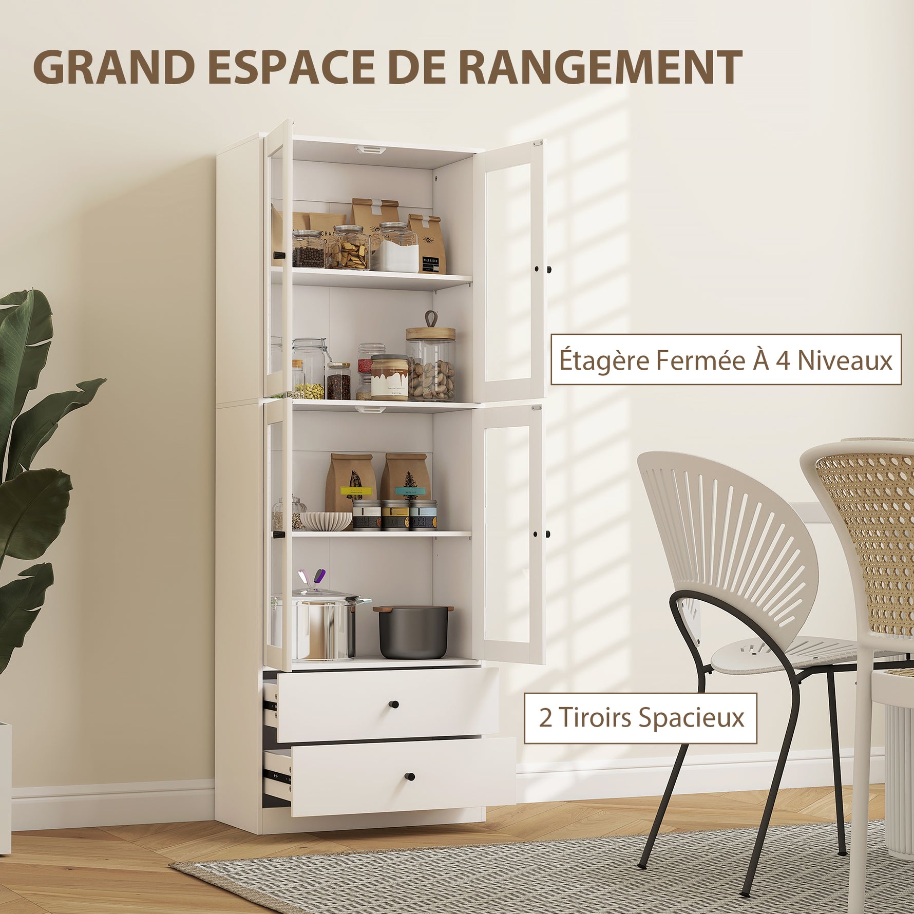 Buffet haut cuisine, armoire de cuisine avec portes vitrées, tiroirs et étagères réglables, 59x30x170cm, blanc brillant