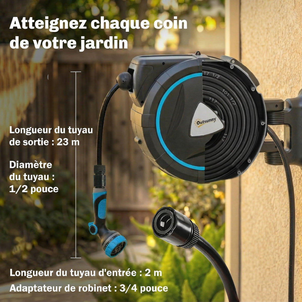 Enrouleur Tuyau Arrosage Mural Automatique 25m Dévidoir Automatique Pistolet d'Arrosage 10+2 Modes 55x31x50cm Bleu