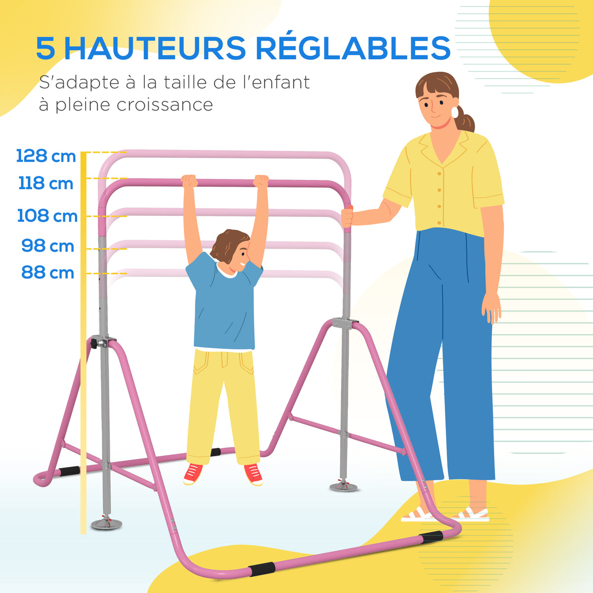 Barre fixe de gymnastique pour enfants pliante hauteur réglable de 88 à 128 cm rose