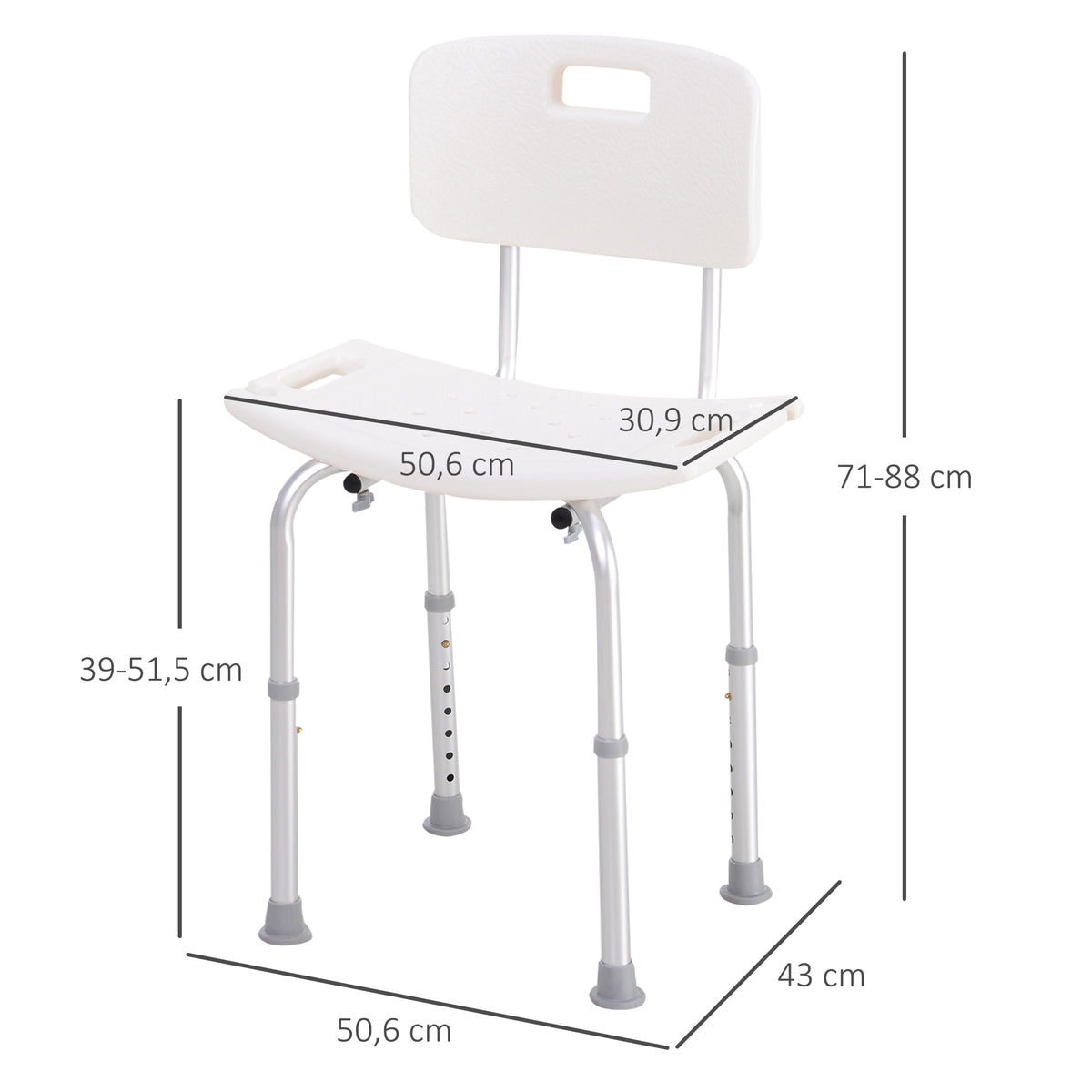 Chaise de Douche siège de Douche Ergonomique Hauteur réglable Pieds antidérapants Charge Max. 136 Kg alu HDPE Blanc