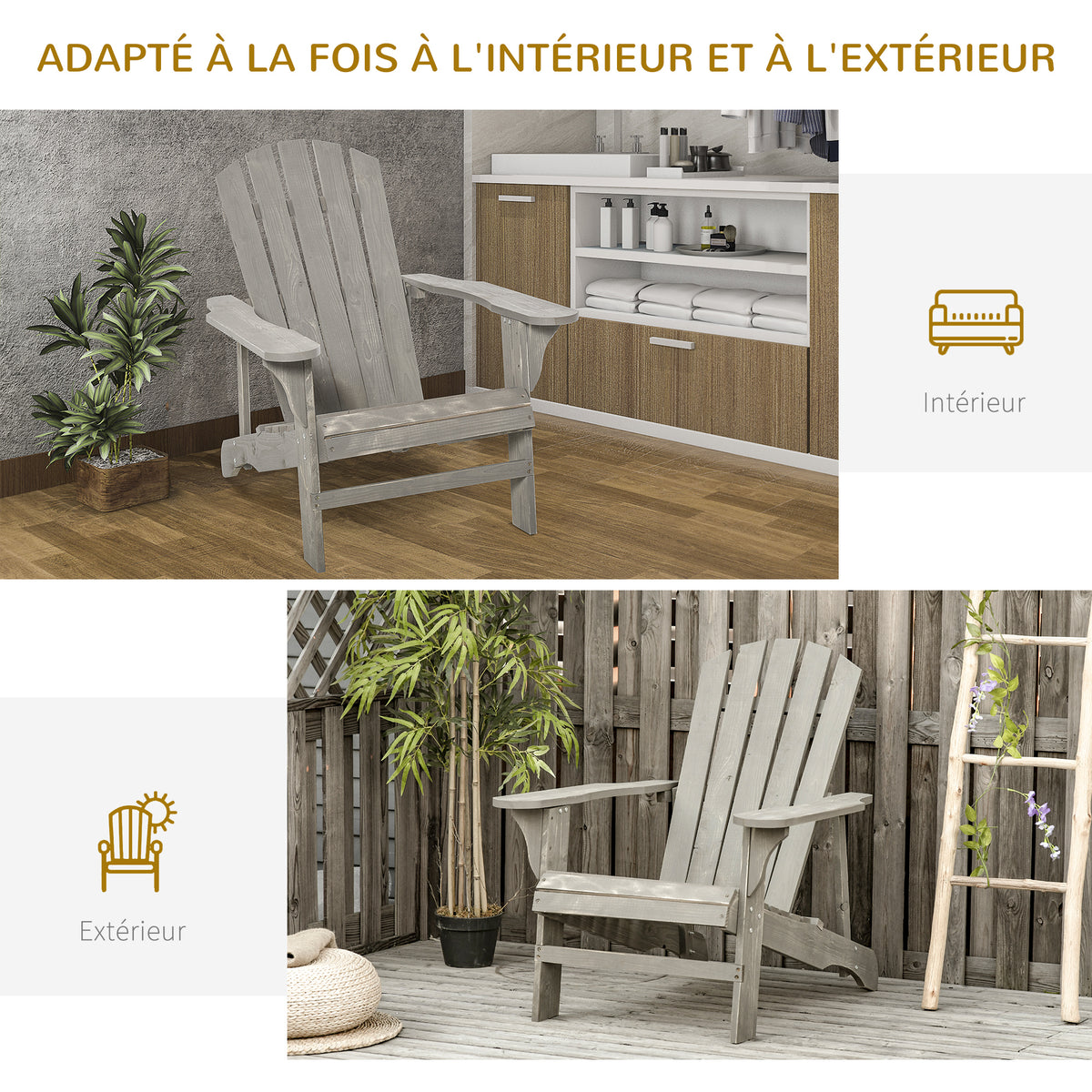 Fauteuil adirondack Fauteuil de Jardin Chaise de Jardin de Plein Air dim. 78L x 89P x 88H cm Bois Massif Sapin
