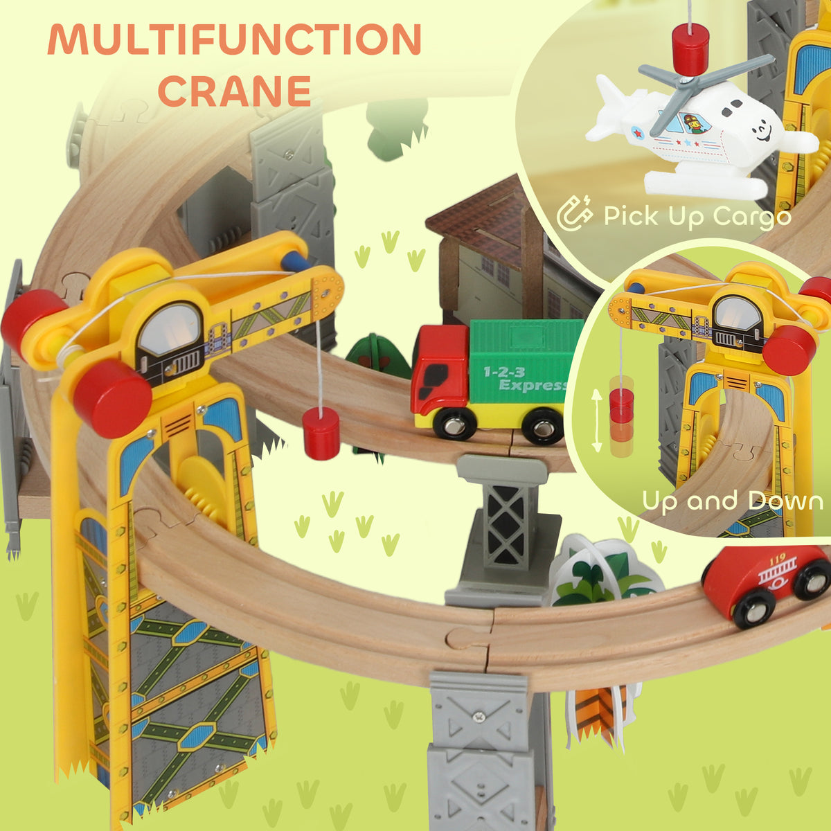 Set de Train en Bois pour Enfants, 100 Pièces, Jouets Ferroviaire Magnétique avec Grue, Pont, Hélicoptère, Multicolore