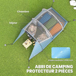 Tente de camping familiale 3 personnes, tente tunnel imperméable, 2 portes fenêtres, ventilée 4,6 x 2,6 x 1,9 m, bleu