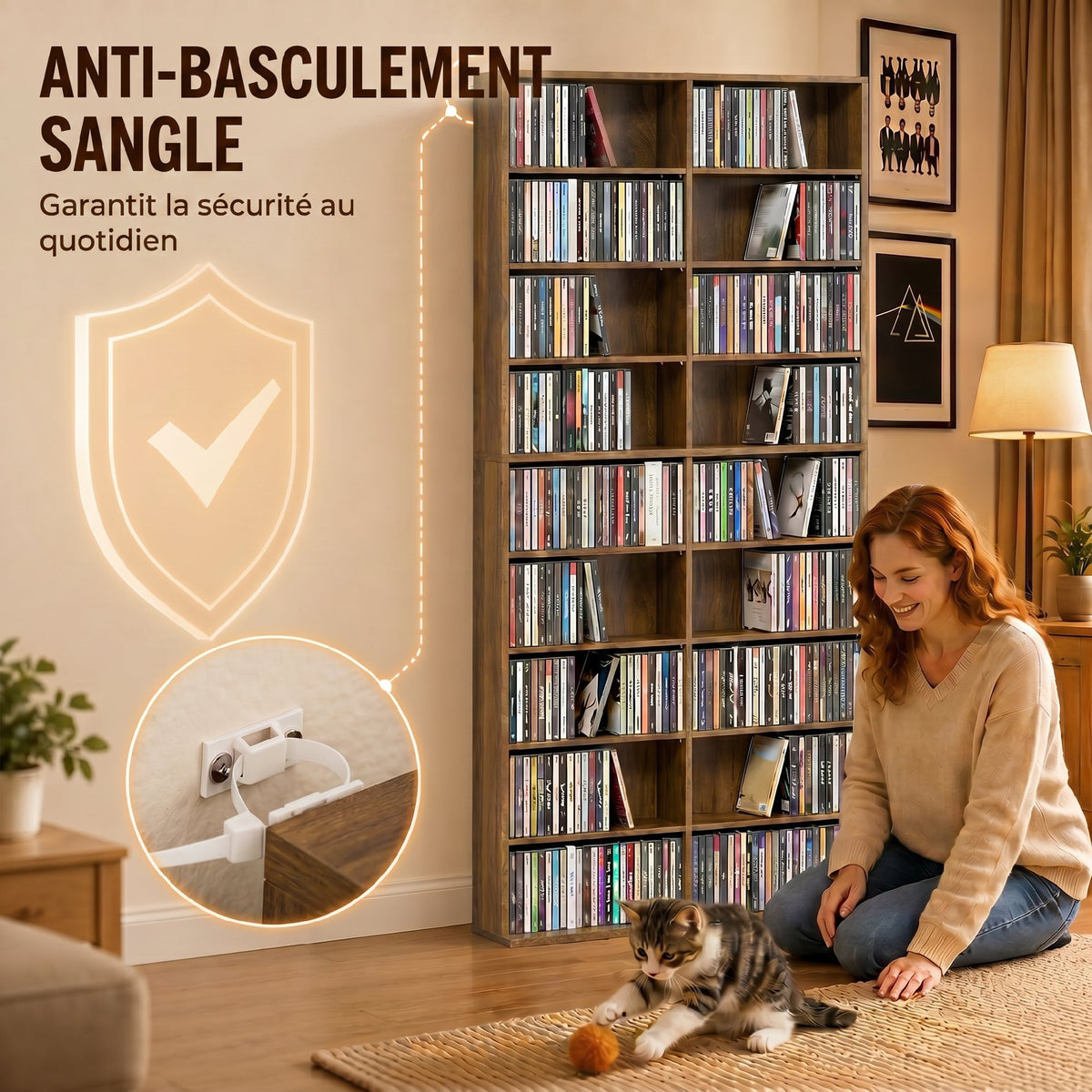 Rangements pour CD et DVD 18 compartiments capacité max. 640 CD/360 DVD 430 Blu-ray 78,5 x 24 x 175 cm noyer foncé