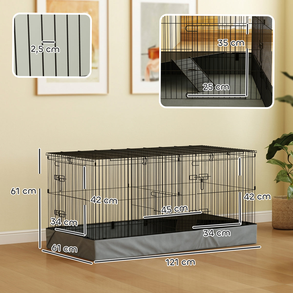 Cage pour petits animaux 2 en 1 avec dessus amovible enclos lapin 2 zones séparées rampe 121 x 61 x 61 cm en acier noir