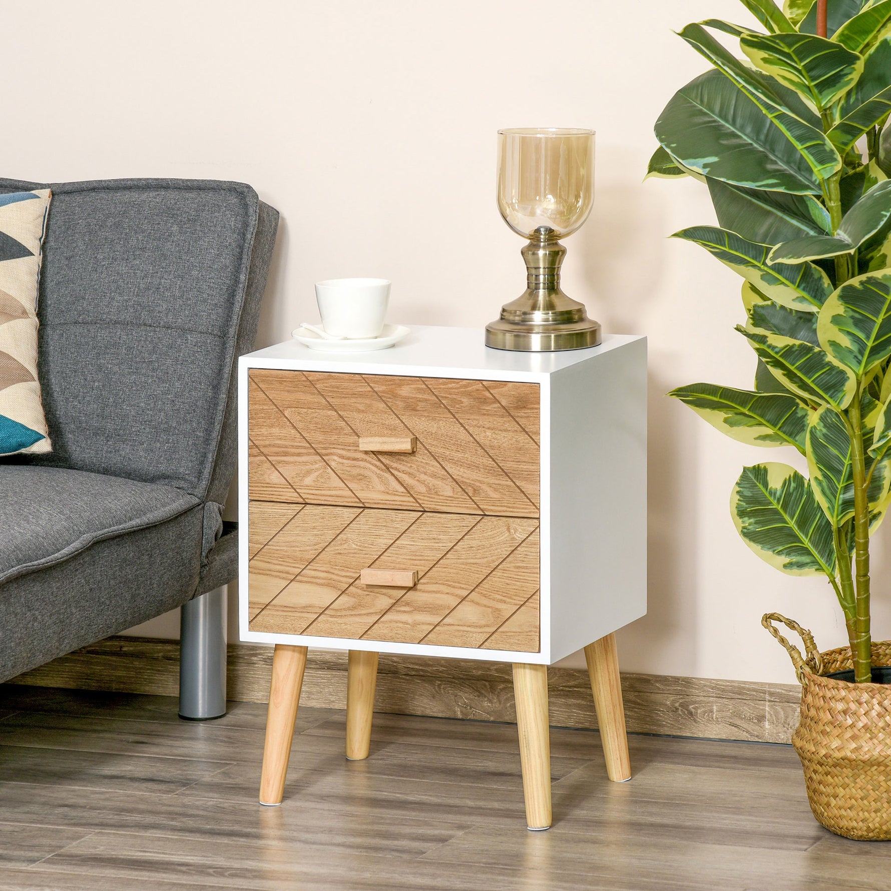 Table de chevet Chiffonnier Commode Meuble de Rangement avec 2 tiroirs Scandinave 40L x 30l x 56H cm en Bois