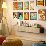 Meuble TV suspendu 140cm, meuble télé pour téléviseur 72 pouces, 2 portes rabattables, 140x25x22cm, bois naturel et noir