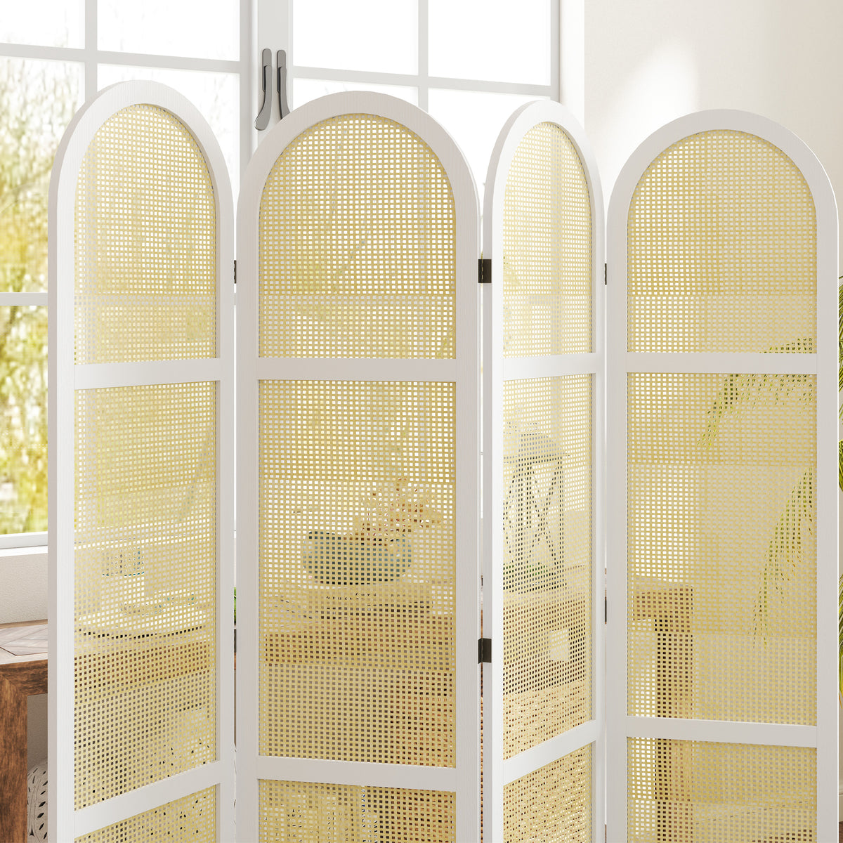 Paravento da interno in legno a 4 pannelli 170 x 160 cm, pieghevole e portatile, motivo intrecciato a mano, bianco