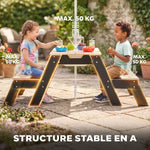 Table de pique-nique enfants avec parasol, 3 en 1 salon de jardin en bois pour enfants 3-6 ans avec 2 boîtes, naturel