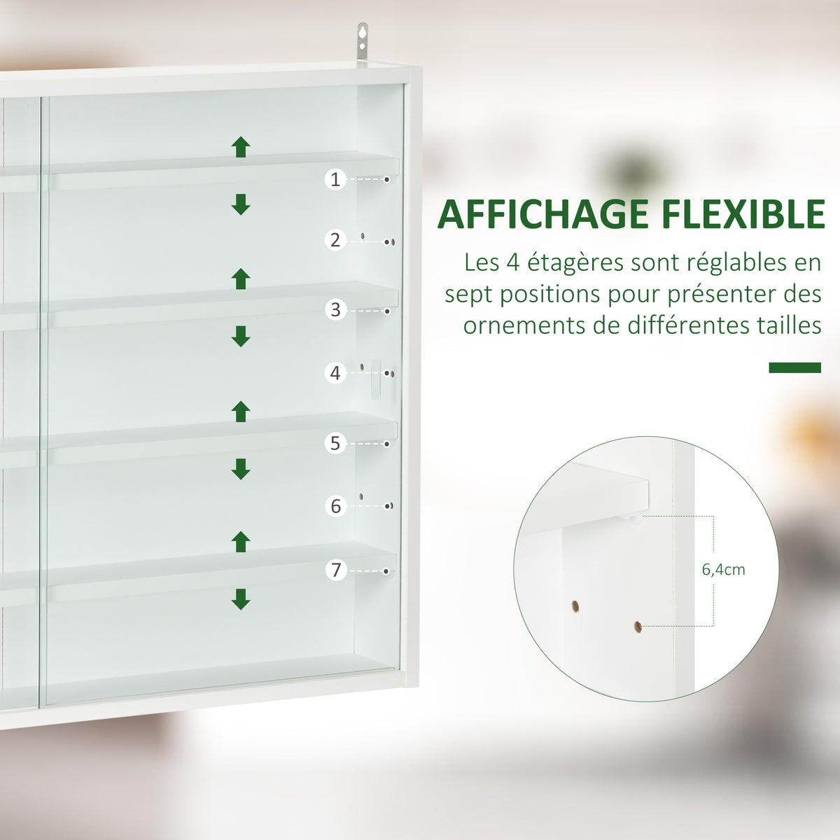 Vitrine murale pour objets de collection 4 étagère réglables en hauteur et 2 portes coulissantes 80 x 9,5 x 60 cm blanc