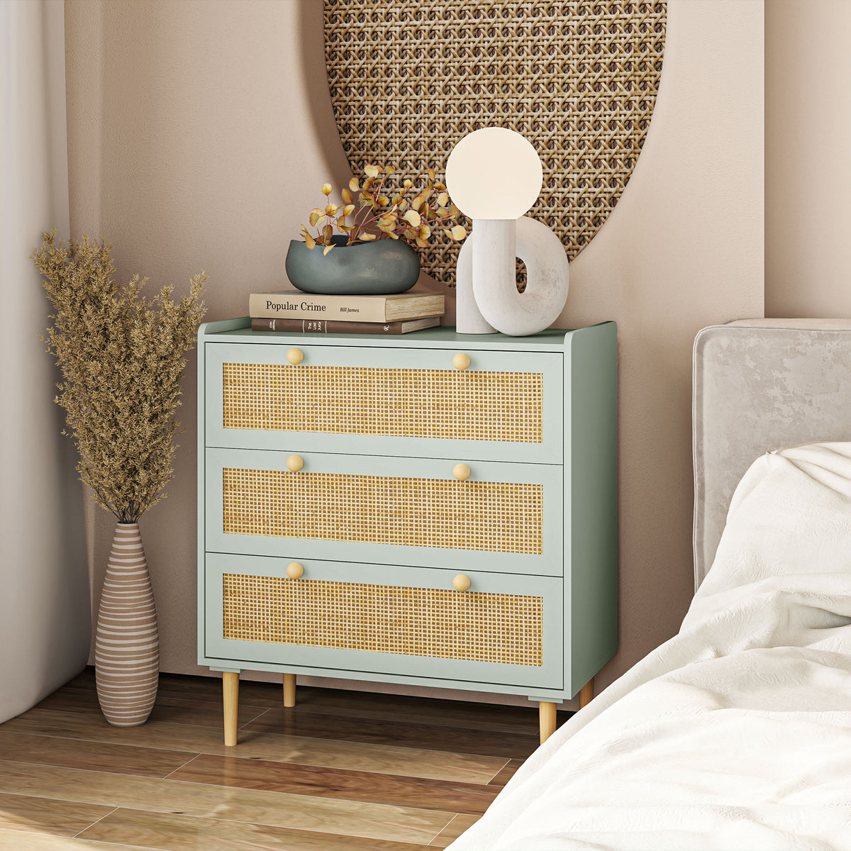 Commode design bohème en rotin avec 3 tiroirs, meuble de rangement pour le salon, le couloir, l'entrée, vert olive