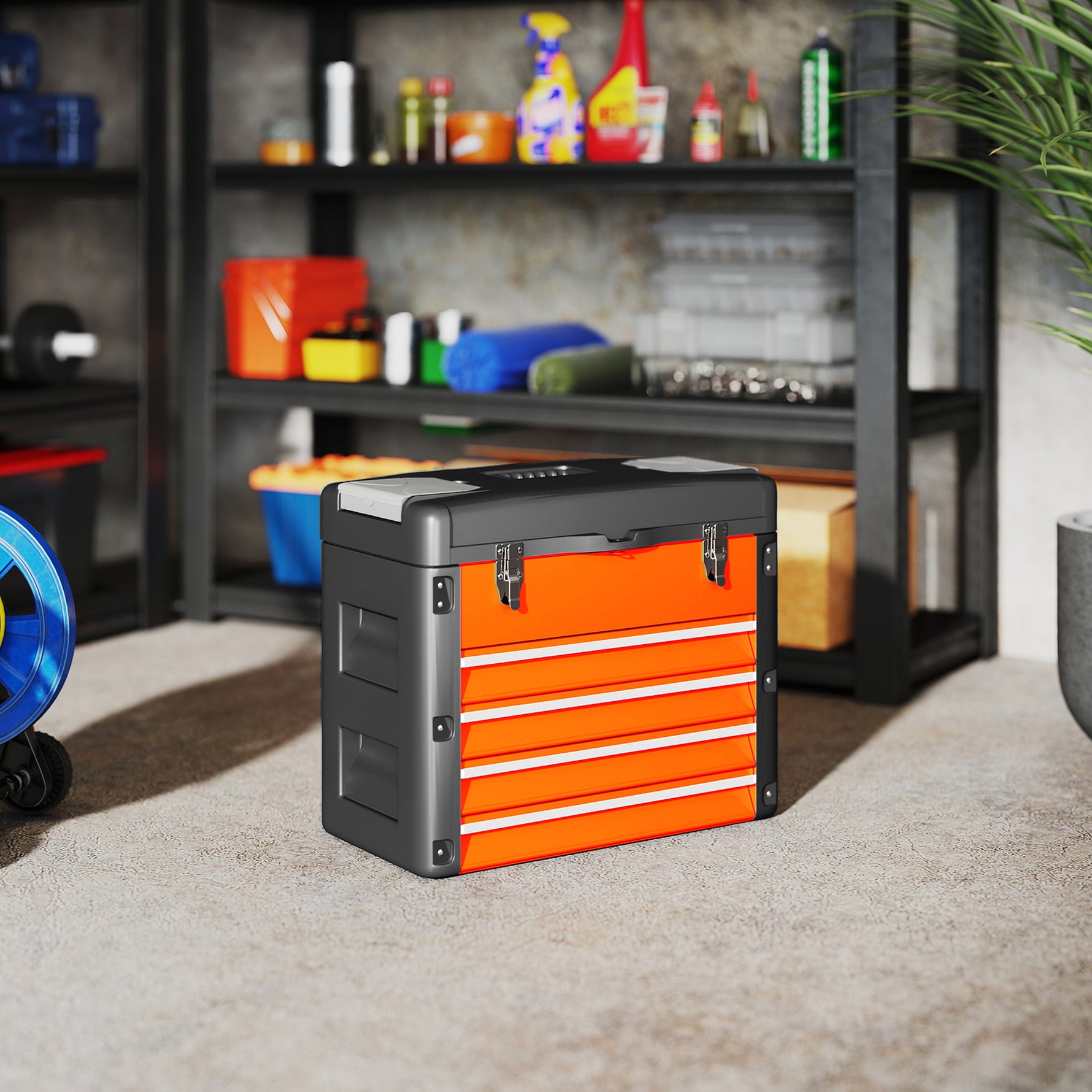 Boîte à Outils à 4 Tiroirs, Caisse à Outils en Acier Thermolaqué avec Plateau Amovible, 49,7x25,3x40,7cm, Orange