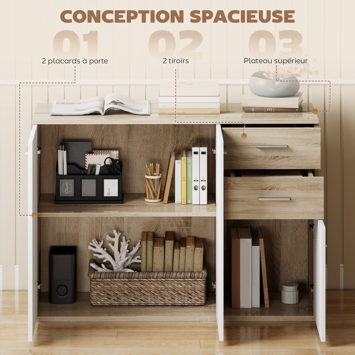Buffet salon, meuble de rangement avec 2 tiroirs, 3 portes et étagère réglable, 106 x 35 x 76 cm, blanc et bois naturel