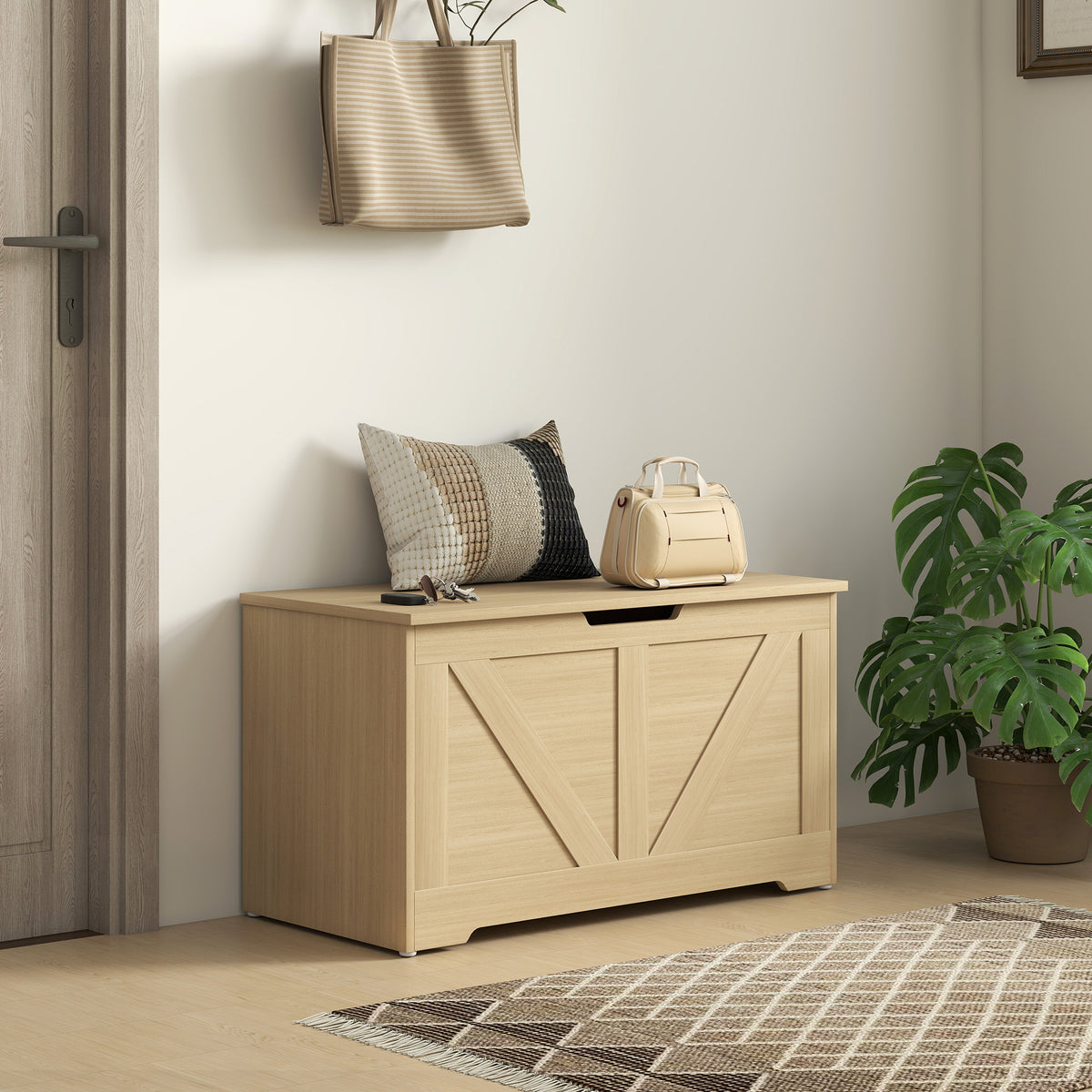 Coffre de rangement, banc de rangement avec couvercle rabattable et charnières de sécurité, 80 x 40 x 45 cm, bois naturel
