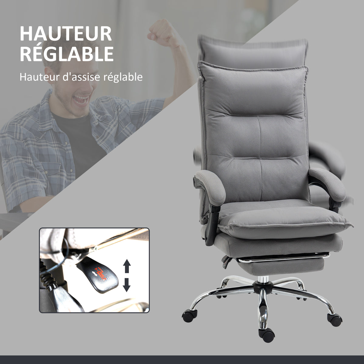 Fauteuil de bureau massant et chauffant, chaise de bureau, hauteur réglable, dossier inclinable, 66x74x121,5cm gris