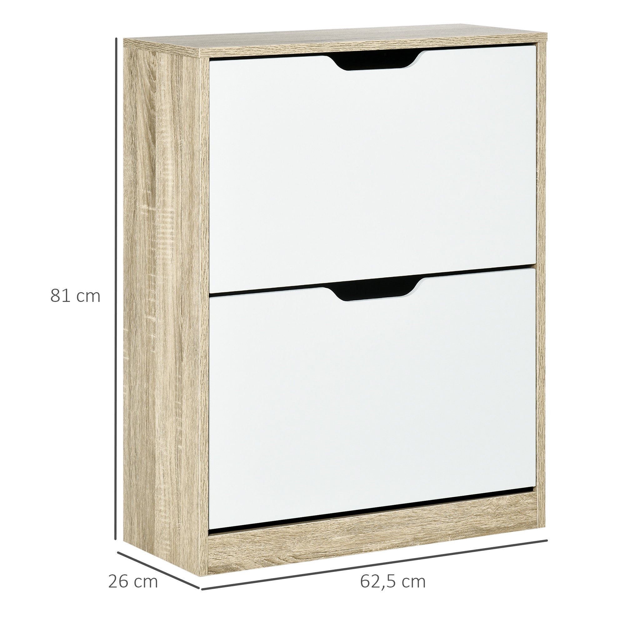 Meuble à chaussures 8 paires, armoire à chaussures étroite, 2 tiroirs rabattables, chêne et blanc