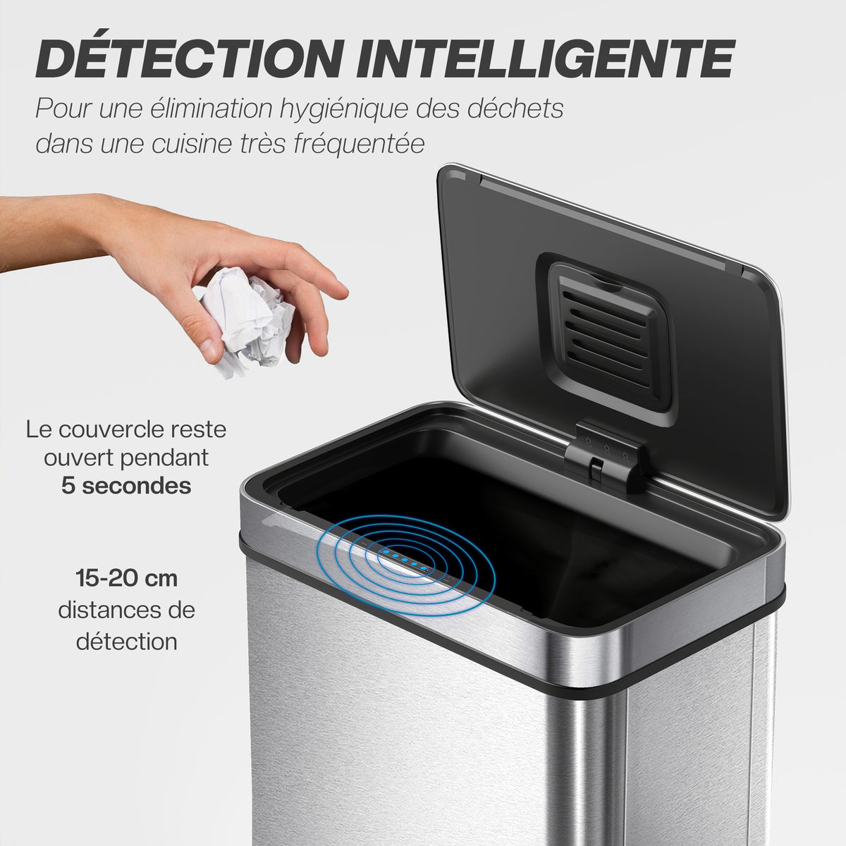 Poubelle à capteur 60 L avec couvercle à fermeture douce, poubelle de cuisine automatique en acier inoxydable, argenté
