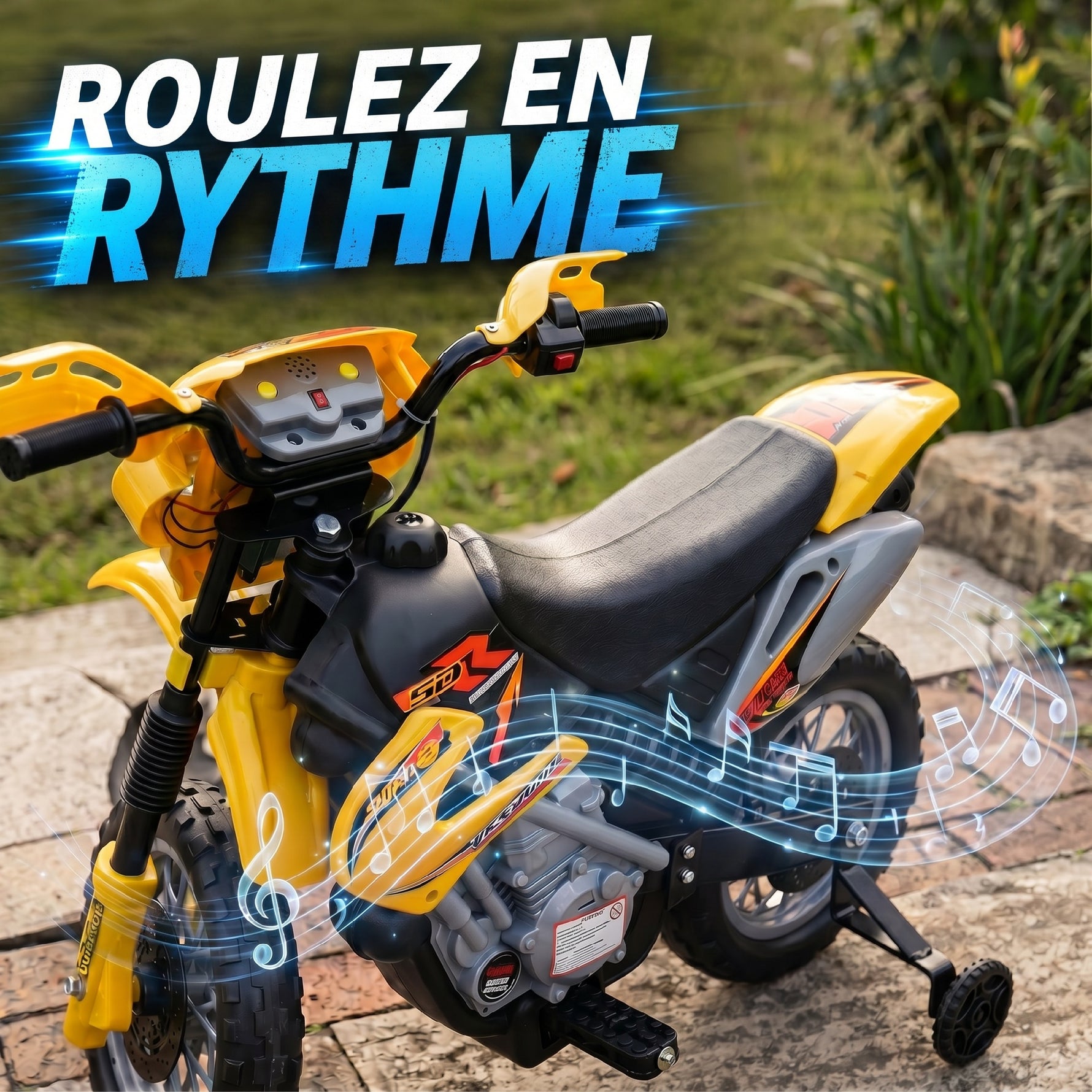 Moto électrique enfants, moto cross pour enfants avec batterie 6 V, phares, musiques et roues d'entraînement, 3 à 6 ans, charge 25KG, jaune et noir