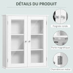 Armoire murale de salle de bain, meuble haut salle de bains avec 2 portes en verre, étagère réglable, 55x20x65cm, blanc