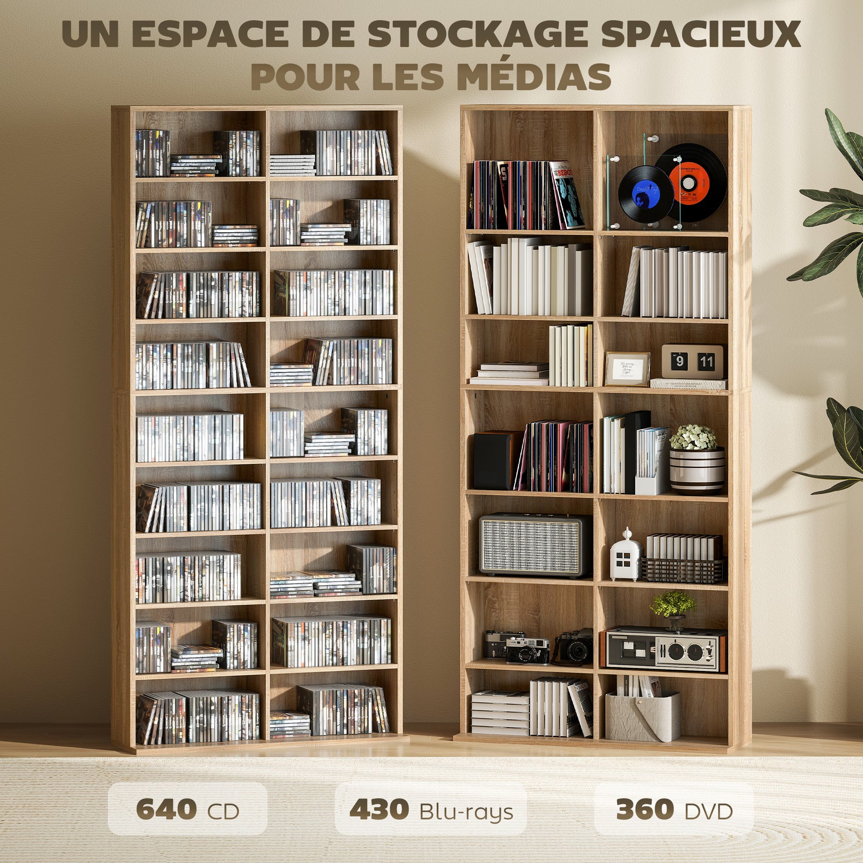 Rangements pour CD et DVD 18 compartiments capacité max. 640 CD/360 DVD 430 Blu-ray 78,5 x 24 x 175 cm bois naturel