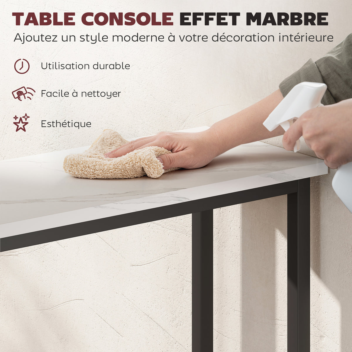 Console meuble 75 cm, table console plateaux en effet marbre, cadre en métal, style moderne blanc et noir