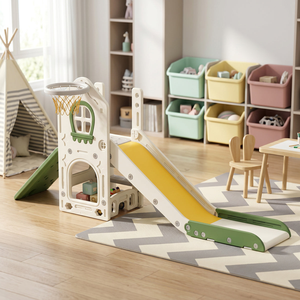 Faltbare 5-in-1-Kinderrutsche mit Kletterbereich, Basketballkorb, Stauraum und Ball, Creme