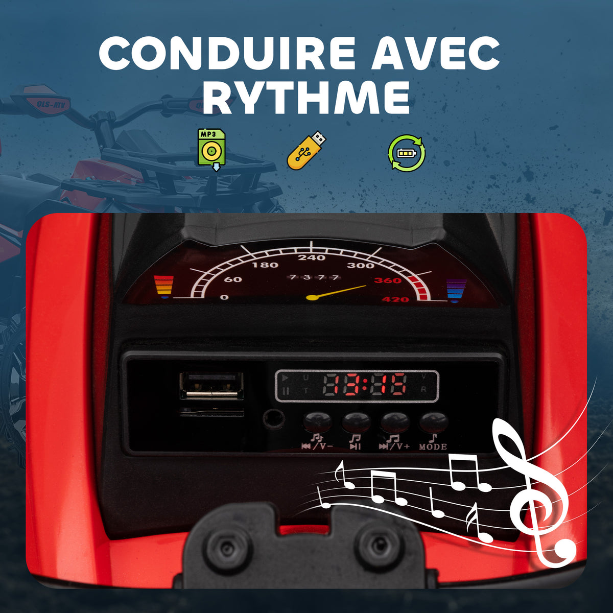Quad Buggy électrique Enfant 12 V 8 Km/h Max. Voiture électrique Enfant avec Effets Lumineux sonores Selle avec Dossier Porte-Bagage Avant métal PP Rouge Noir